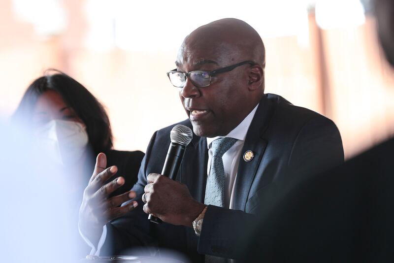 Illinois State Attorney General Kwame Raoul addresses members of the community on Wednesday, Sept. 8, 2021, at Joliet Area Historical Museum in Joliet, Ill. Illinois State Attorney General Kwame Raoul and his team held a small meeting with community members after his announcement of a civil investigation into the Joliet Police Department.