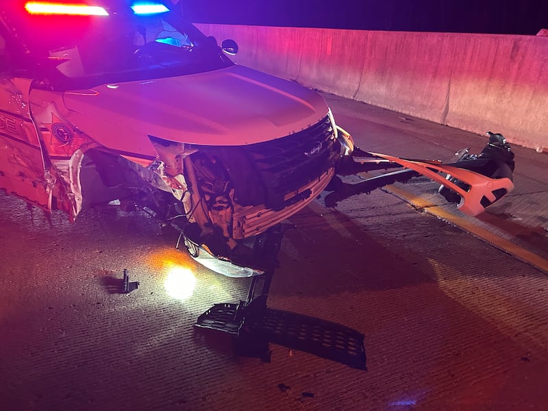 A damaged Illinois State Police squad vehicle on Feb. 15, 2026, on Interstate 80 near New Lenox. Imani Tribett, 26, of Oak Lawn, was charged with failure to reduce speed to avoid an accident and violating Scott's Law during the investigation of the crash.