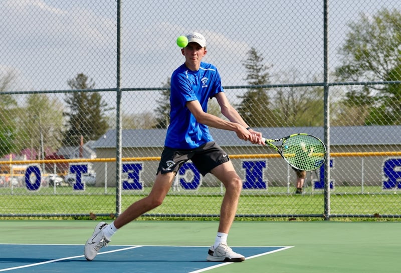 Princeton's Jackson Mason makes a return at No. 1 doubles against Ottawa on Monday.