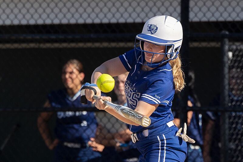 Princeton’s Kelsea Klingenberg drives the ball against Bureau Valley slide in at second Friday, May 17, 2024 at the Class 2A regional semifinals in Rock Falls.