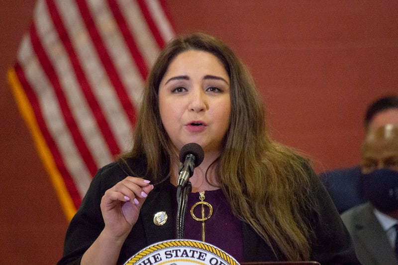 U.S. Rep. Delia Ramirez, a Chicago Democrat, is pictured at a news conference in Springfield in 2022, when she served as a state representative.