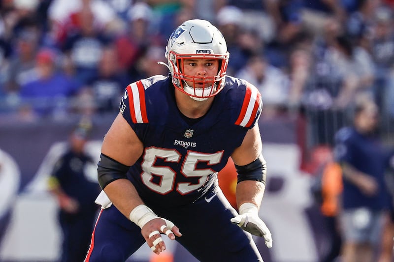 New England Patriots center Garrett Bradbury looks to block after snapping the ball against the Carolina Panthers during an NFL football game at Gillette Stadium, Sunday, Sept. 28, 2025 in Foxborough, Mass. (Winslow Townson/AP Images for Panini)