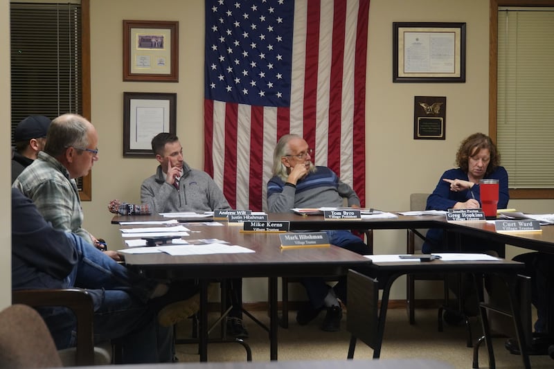 From left to right: Creston Trustees Mike Kerns, Justin Hibshman, Village Attorney Andrew Wilt, Village President Tom Byro and Village Clerk Jennifer Payton participate in a meeting on Tuesday, Feb. 3, 2026.