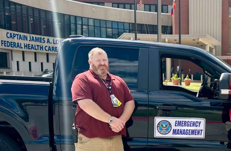 Adam Mulvey, former emergency management specialist, at Lovell Federal Health Care Center in North Chicago in 2024.