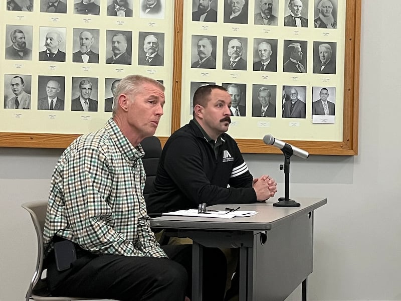 Matt Hansen (left) and Mike Long (right) of Willett Hofmann & Associates in Dixon presented the Dixon City Council the plans for improvements to be made to various water main lines within the city limits at a public hearing for the project Monday, March 17, 2025.