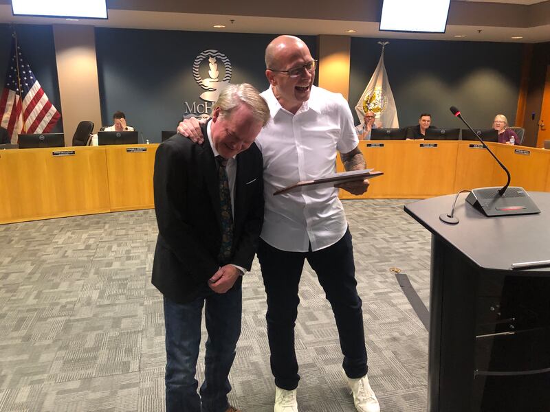 McHenry Third Ward Alderman Frank McClatchey, left, receives a plaque from Mayor Wayne Jett on Monday, April 21, 2025. Jett notes McClatchey was first elected in 1983, the year Jett was born, prompting laughter. McClatchey lost his reelection bid to Stephen Doherty.