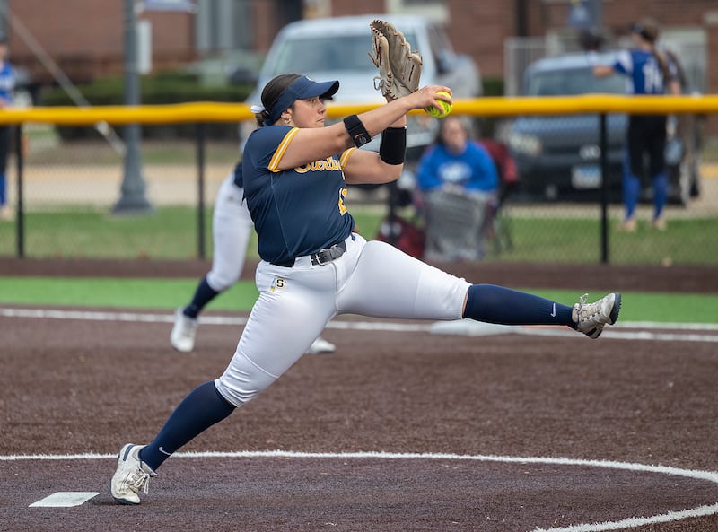 Sterling’s Lily Martinez winds up for a pitch against Quincy Tuesday, March 31, 2026.