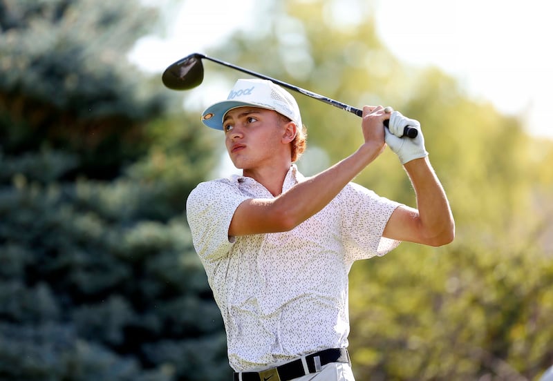 Logan Henning of Jacobs watches his tee shot during the Class 3A boys golf sectional Monday, Oct. 6, 2025 at the Buffalo Grove Golf Club in Buffalo Grove.