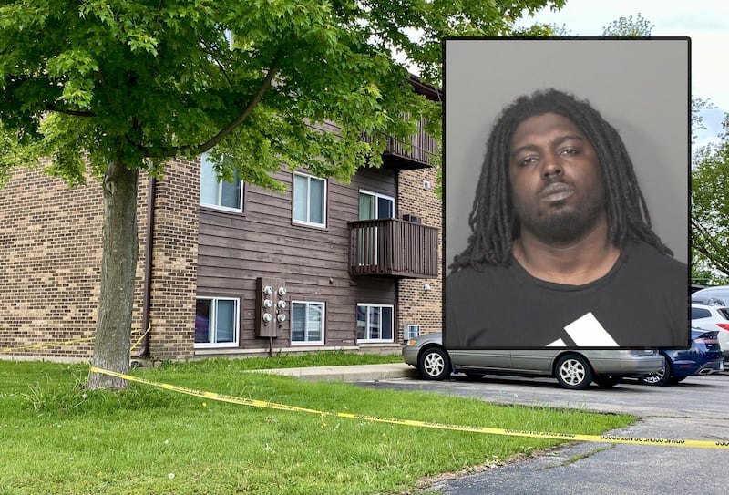 Darvionte D. Fultz, 28, of DeKalb, was arrested Wednesday May 28, 2025, and charged with aggravated battery with a firearm and aggravated unlawful use of a weapon. Police allege he shot and severely wounded a 17-year-old female outside Russell Road Apartments on Wednesday. (Inset photo provided by DeKalb Police Department)