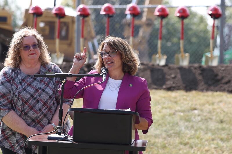 Illinois State Senator (D-49) Megan Loughran Cappell, a former teacher, speaks at the District 86 ground breaking ceremony for Gompers Junior High School on Thursday, Sept. 12, 2024 in Joliet.