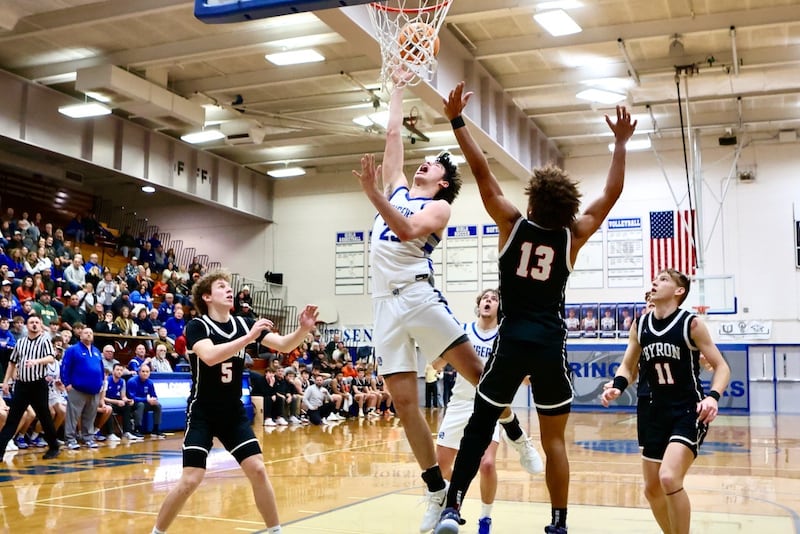 Princeton's Noah LaPorte scores the game-winning basket to lift the Tigers to a 53-51 win over Byron Saturday at Prouty Gym. The basket also broke the PHS all-time scoring record with 1,470 career points.