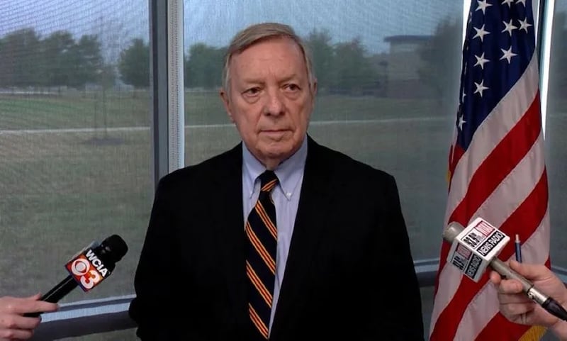 U.S. Sen. Dick Durbin speaks to reporters following an event at the Illinois Air National Guard base in Springfield on Wednesday, Sept. 24, 2025.
