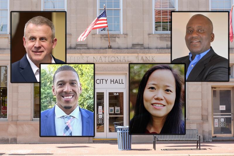 Candidates for DeKalb mayor in the April 1, 2025, Consolidated Election are incumbent Cohen Barnes (from left), 7th Ward Alderman John Walker (bottom left), Linh Nguyen (bottom right) and Kouame Sanan (top right).