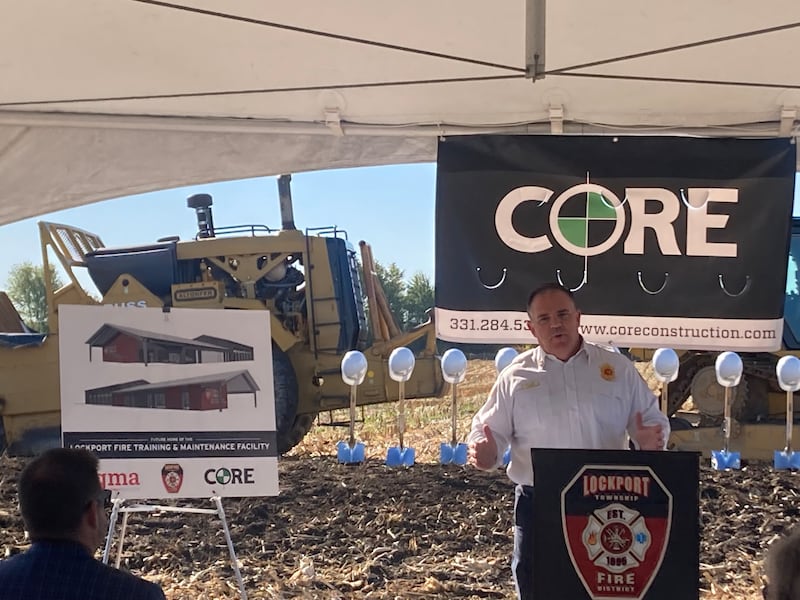 Lockport Township Fire Protection District Chief John O'Connor speaks at the ground breaking ceremony of the district's new training facility.
Monday, Oct. 20, 2025.