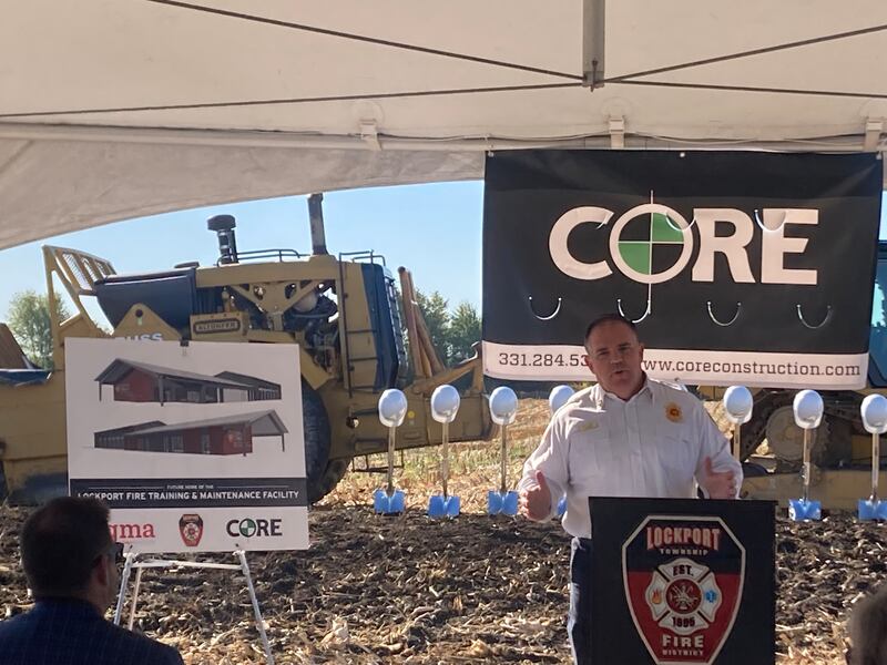 Lockport Township Fire Protection District Chief John O'Connor speaks at the ground breaking ceremony of the district's new training facility.
Monday, Oct. 20, 2025.