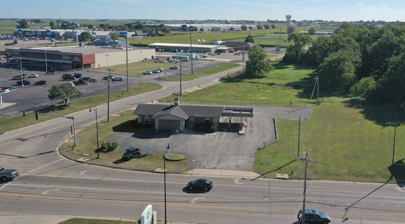 An aerial view of the former Midland Bank on the corner of Backbone and Main Street on Tuesday, Sept. 3, 2024 in Princeton. The Princeton City Council meet to discuss an ordinance approving the final plat of Michael's Plaza Subdivision with a proposal for Aldi's and Starbucks. Starbucks expects to break ground in the next 30 days with Aldi's slated for Spring of 2025.
