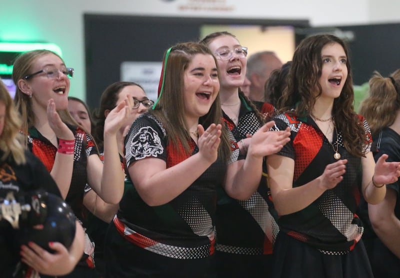 L-P's girls bowling team members (from left) Kailey Harper, Kamryn Oscepinski, Leah Ricci and Evelyn Milton cheer on the Lady Cavs bowling team during the IHSA girls bowling Regional meet on Friday, Feb. 6, 2026 at the Illinois Valley Super Bowl in Peru.