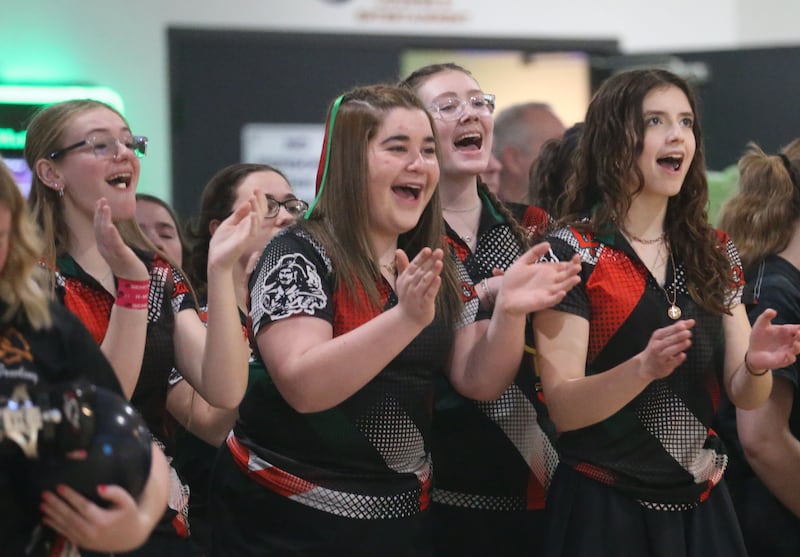 L-P's girls bowling team members (from left) Kailey Harper, Kamryn Oscepinski, Leah Ricci and Evelyn Milton cheer on the Lady Cavs bowling team during the IHSA girls bowling Regional meet on Friday, Feb. 6, 2026 at the Illinois Valley Super Bowl in Peru.