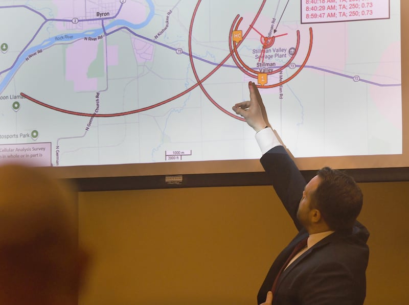 FBI Special Agent Jeremy Bauer points to cellphone data and tower locations during testimony on Wednesday, Jan. 21, 2026 in the Duane C. Meyer murder-arson trial. Meyer is charged with killing his ex-wife in October 2016 and then setting her Byron home on fire resulting in the death of their 3-year-old son.