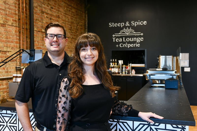 Antonio and Elizabeth Talaga stand near the counter of their business, Steep & Spice Tea Lounge & Crêperie, at 223 S. West Ave., Kankakee.
