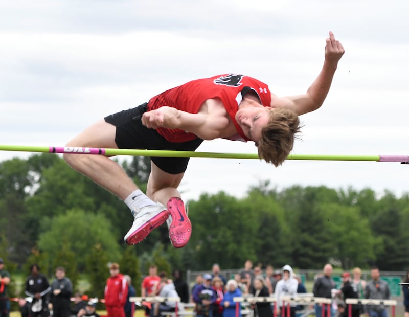 Shabbona- Indian Creek's Parker Murry clears the high jump bar en route to a first place finish at the 1A Oregon Sectional on Friday, May 22, 2026.