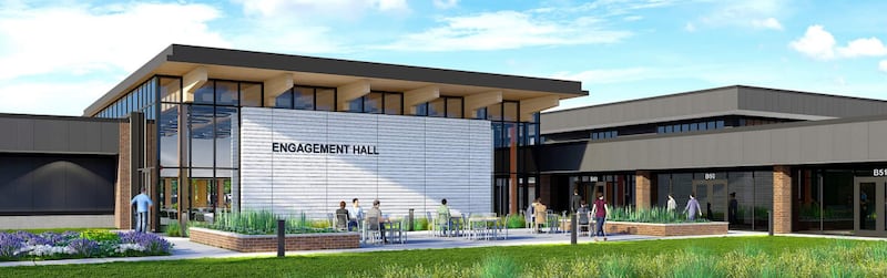 A rendering of the new MCC Engagement Hall next to the college's cafeteria to host community and college events.