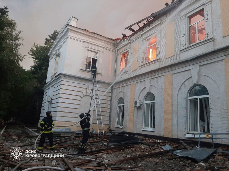 In this photo provided by the Ukrainian Emergency Service, firefighters put out the fire in a fire department school following a Russian air attack in Kropyvnytskyi, Ukraine, Monday, July 28, 2025. (Ukrainian Emergency Service via AP)