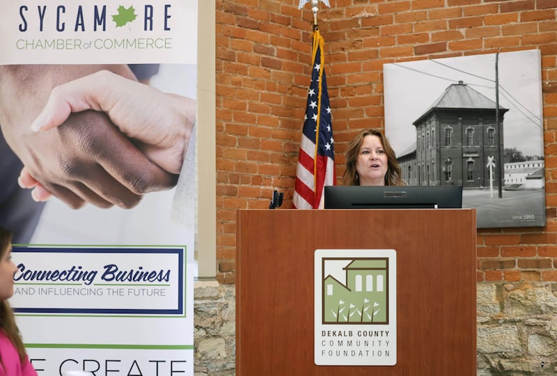 DeKalb County Economic Development Corp. Executive Director Melissa Amedeo speaks Wednesday, May 6, 2026, during the State of the Community Address hosted by the Sycamore Chamber of Commerce in the DeKalb County Community Foundation Freight Room.