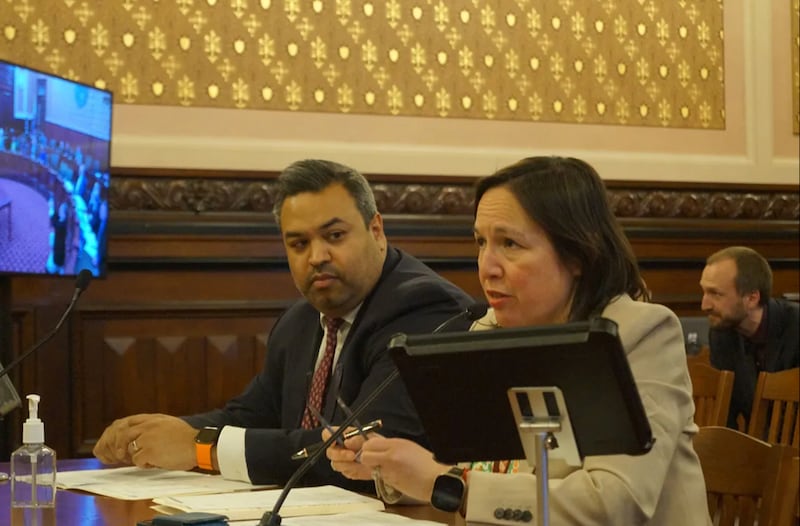 Sen. Christina Castro, right, Samir Tanna, deputy legislative director for Gov. JB Pritzker testify before a Senate committee on Tuesday