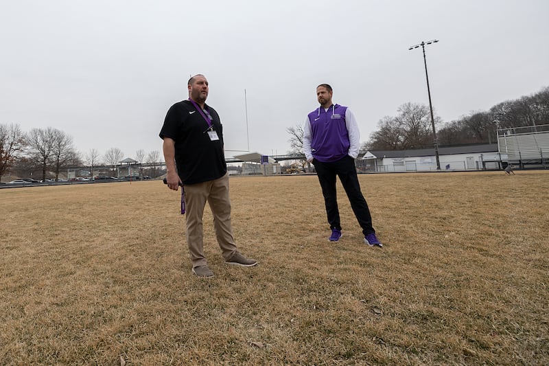 Dixon High School Principal Jared Shaner (left) and Assistant Principal and Athletic Director Roger Fegan speak Tuesday, March 3, 2026, about hopes to update the athletic field at the school.