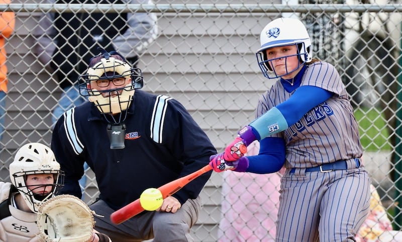 Princeton junior Avah Oertel connects for a hit in Saturday's game with Sherrard. She has clubbed six home runs through 12 games this spring. She now has 24 for her career, one short of the school record.