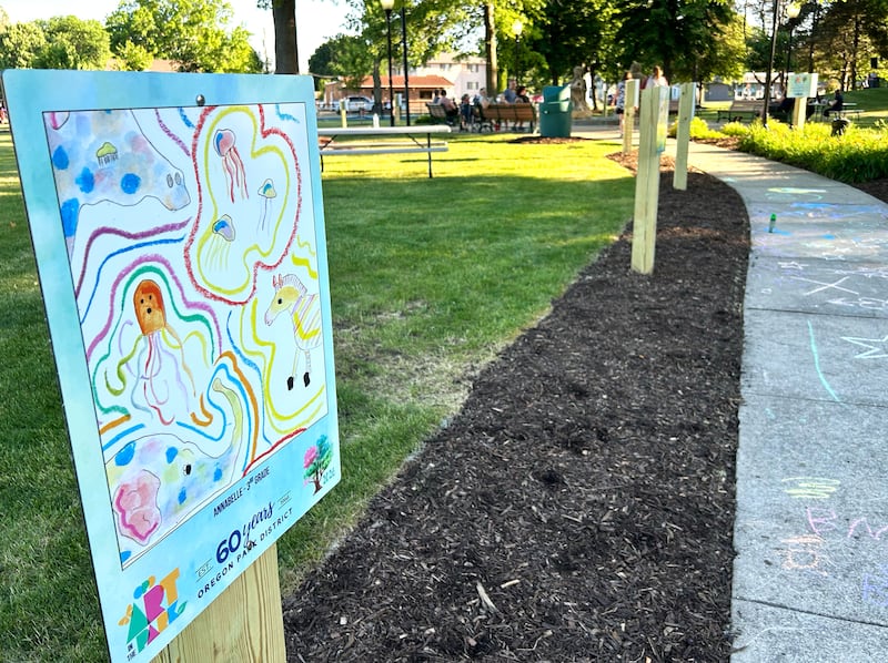 This artwork, created by Annabelle Drozd, an Oregon third grader, is one of 16 new pieces of art that will be displayed at Mix Park through October. The new artworks were unveiled Tuesday, June 9, 2026 at the Oregon Park District's "art in the Park" family fun event.