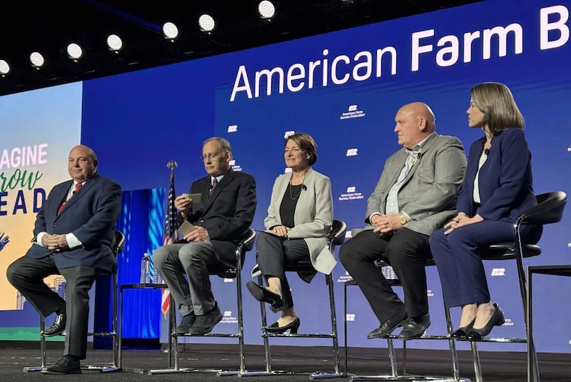 A panel discussion including American Farm Bureau Federation Zippy Duvall (from left), Senate Ag Chair John Boozman, R-Arkansas; committee ranking member Amy Klobuchar, D-Minnesota; House Ag Committee Chair Glenn "GT" Thompson, R-Pennsylvania; and committee ranking member Angie Craig, D-Minnesota, focused on the congressional ag leaders' priorities for 2026.