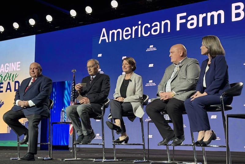 A panel discussion including American Farm Bureau Federation Zippy Duvall (from left), Senate Ag Chair John Boozman, R-Arkansas; committee ranking member Amy Klobuchar, D-Minnesota; House Ag Committee Chair Glenn "GT" Thompson, R-Pennsylvania; and committee ranking member Angie Craig, D-Minnesota, focused on the congressional ag leaders' priorities for 2026.