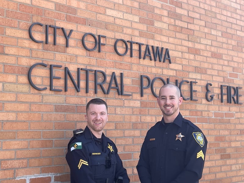 Jon Berninger (left) was promoted to night corporal and Matt Najdanovich is now sergeant of investigations, effective Thursday, March 13, 2025, at the Ottawa Police Department.