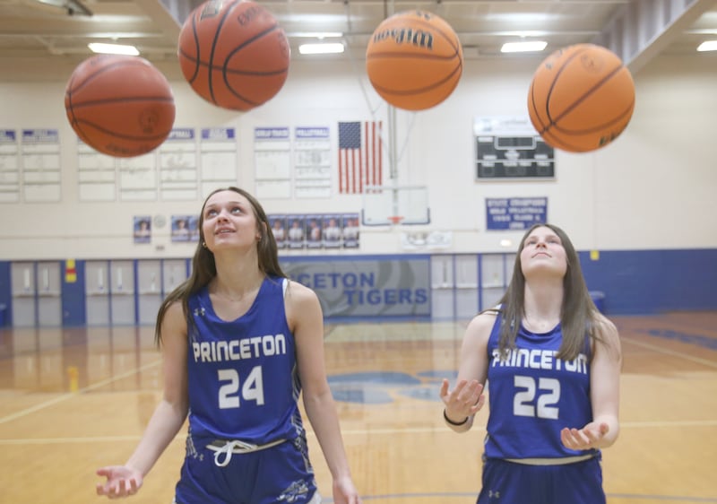 Princeton's Keighley Davis and Camryn Driscoll pose for a photo in Proudy Gym on Wednesday, March 12,, 2025. The girls are the 2024-2025 Bureau County Republican girls basketball players of the year.