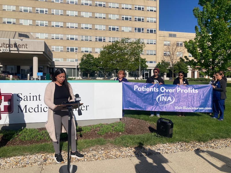 Cardiac nurse Amber Velasquez speaks at a press event against Prime Healthcare's management policies at St. Joseph Medical Center on Monday, May 4, 2026.