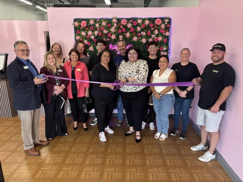 Owners Vanessa and Virginia Vences celebrate a ribbon-cutting ceremony for Pinky Promise Boba in Plano, hosted by the Plano Area Chamber of Commerce on Sept. 17, 2025.
