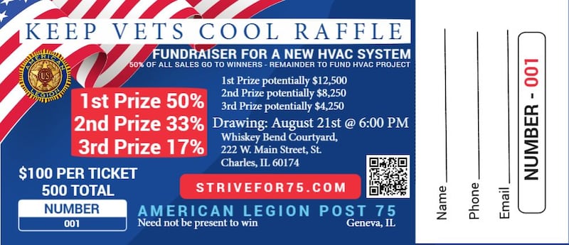 The Fox River Geneva American Legion Post 75 is selling 500 Keep Vets Cool Raffle tickets for $100 each, hoping to raise enough money to pay for a new HVAC.