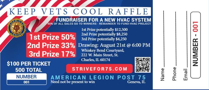 The Fox River Geneva American Legion Post 75 is selling 500 Keep Vets Cool Raffle tickets for $100 each, hoping to raise enough money to pay for a new HVAC.