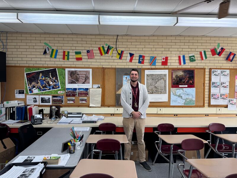 Steven Custer in his ESL classroom at Morris Community High School on Monday, March 10, 2025.
