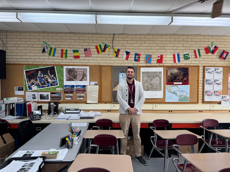 Steven Custer in his ESL classroom at Morris Community High School on Monday, March 10, 2025.