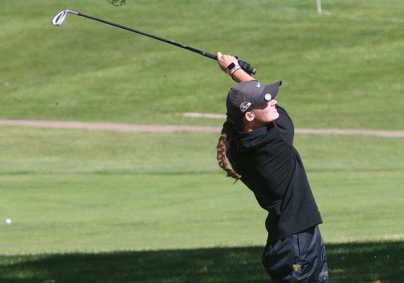 Lincoln-Way Central's Taylor Bush tees off during the Class 2A Regional girls golf meet on Tuesday, Oct. 1, 2024 at Senica's Oak Ridge  Golf Club in La Salle.