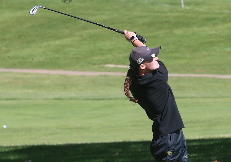 Lincoln-Way Central's Taylor Bush tees off during the Class 2A Regional girls golf meet on Tuesday, Oct. 1, 2024 at Senica's Oak Ridge Golf Club in La Salle.
