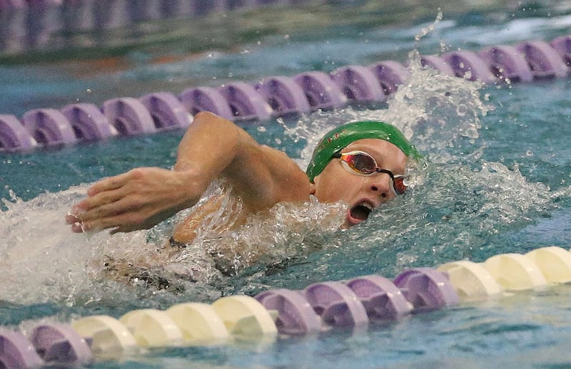 L-P co-op's Sam Nauman competes in the 400 yard relay during a swim meet on Wednesday, Sept. 24, 2025 at the Illinois Valley YMCS in Peru.