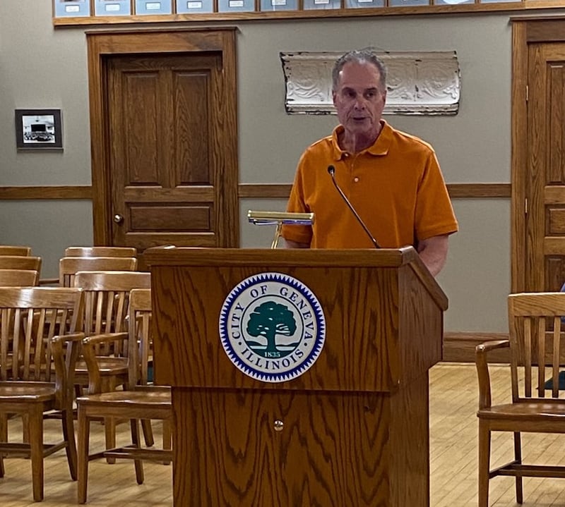 Geneva resident Steve McHugh, who is also co-lead at Illinois Be SMART, an organization that promotes gun safety, speaks at the June 1, 2026 City Council meeting. McHugh spoke in support of the proclamation recognizing June as Gun Violence Awareness Month.