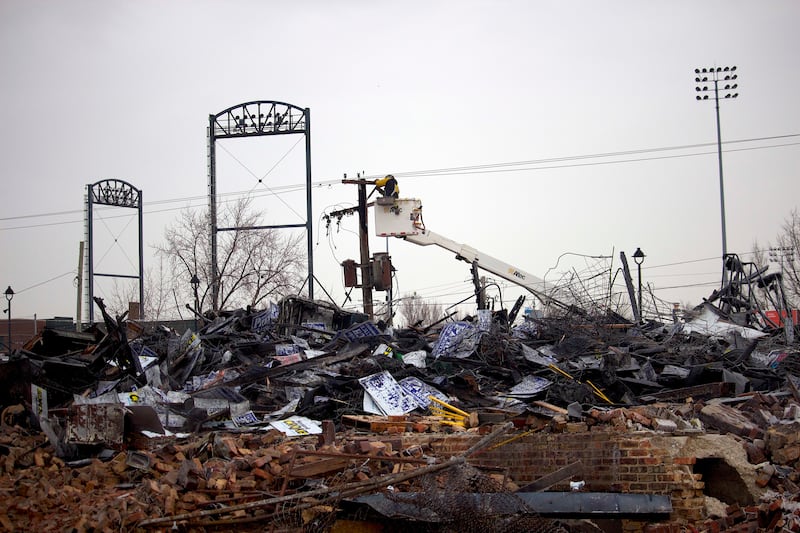 The destroyed remains of a commercial building seen on Friday, Jan. 30, 2026, near South Eastern Avenue and Washington Street in Joliet. The building was demolished following a fire on Thursday, Jan. 29, 2026.
