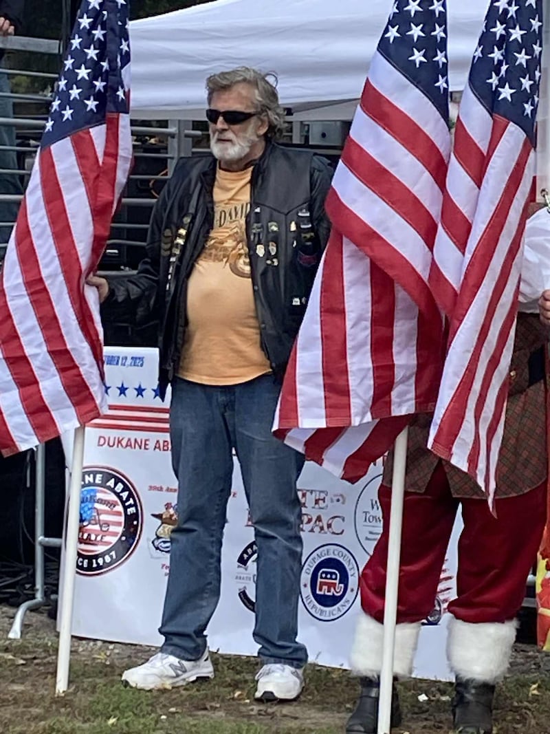 Open Roads ABATE Chapter member, Mitch Busch, as a flag carrier for the 39th Annual 2025 DuKane ABATE Toy & Food Run.