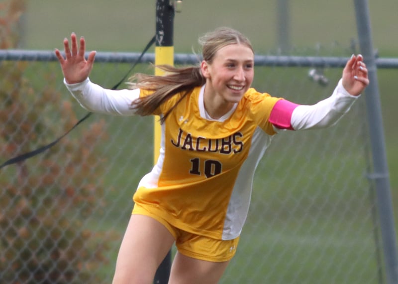 Jacobs’ Gabby Wojtarowicz celebrates scoring a goal against Hampshire in varsity girls soccer on Thursday, April 17, 2025, at Jacobs High School in Algonquin.