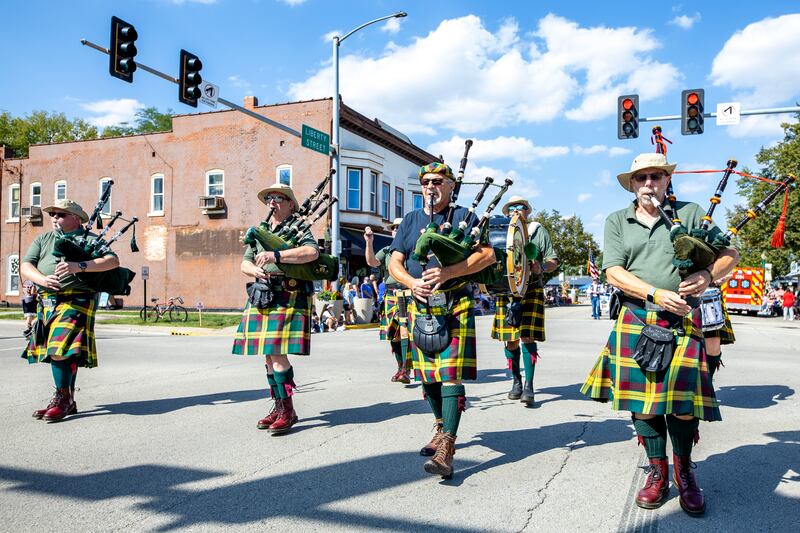 Bagpipers perform during the Grundy County Corn Festival Parade in Downtown Morris on Sept. 28, 2025.